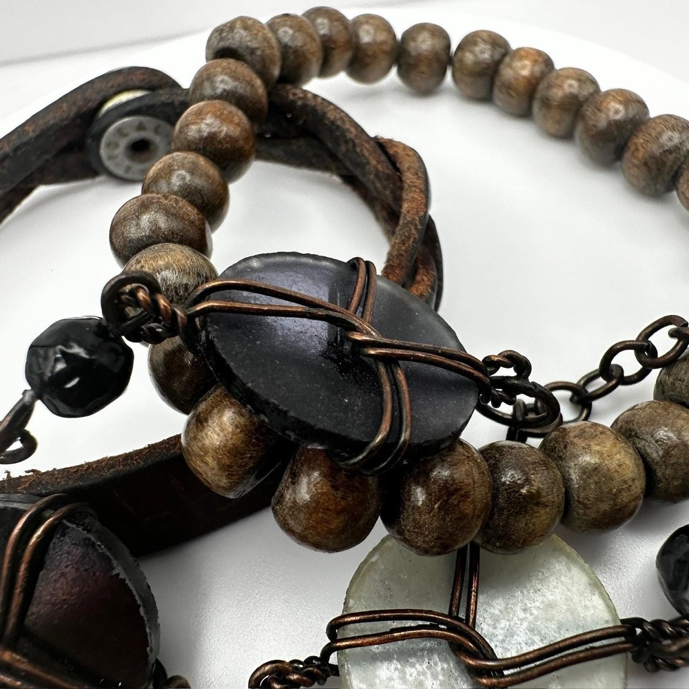 Vintage 80s Boho Layer Leather & Wood Bead Bracelets Wire-Wrapped Charms Jewelry - Picture 7 of 13